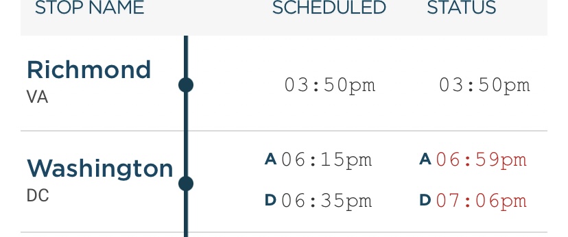 screenshot of schedule of bus stops from Richmond to DC