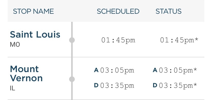 schedule of bus stop at Mt. Vernon, IL